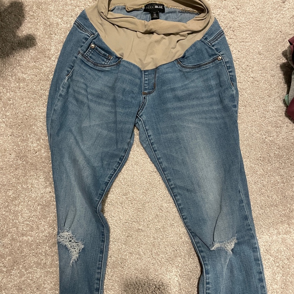 Indigo Blue Tan Jeggings with Distressed Details